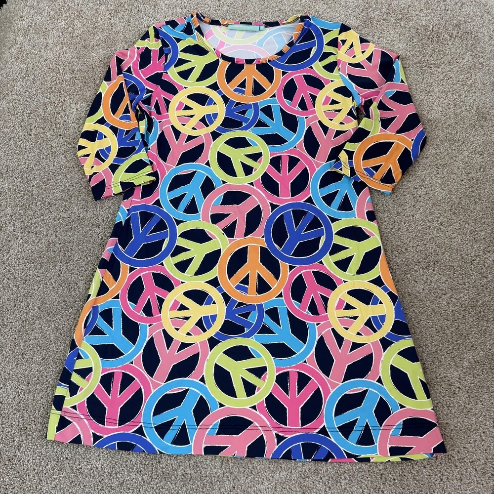 Anthony's Resort Wear Dress Womens M Multicolor Peace 3/4 Sleeve Scoop Neck Knit